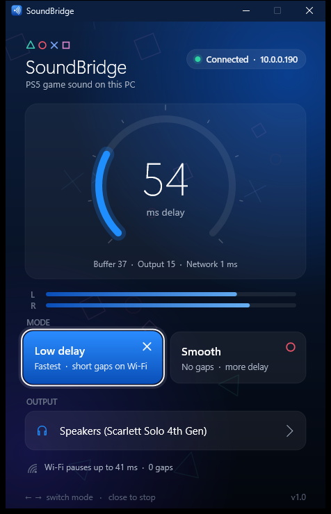 SoundBridge for Windows, connected, 54 ms delay